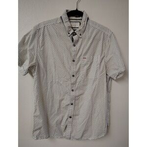 Denim & Flower Mens Large Short Sleeve Button Down Shirt White Navy Floral Print
